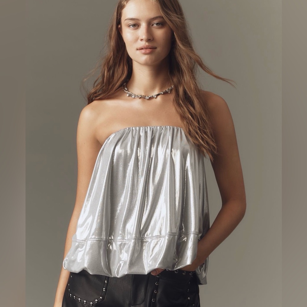 Anthro Maeve Shine Strapless Bubble Top Silver Shiny Sparkly Going Out Top